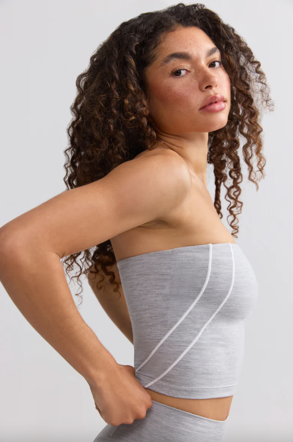 I Am Very Mindful Soft Active Contrast-Trim Bandeau Top in Gray PREORDER