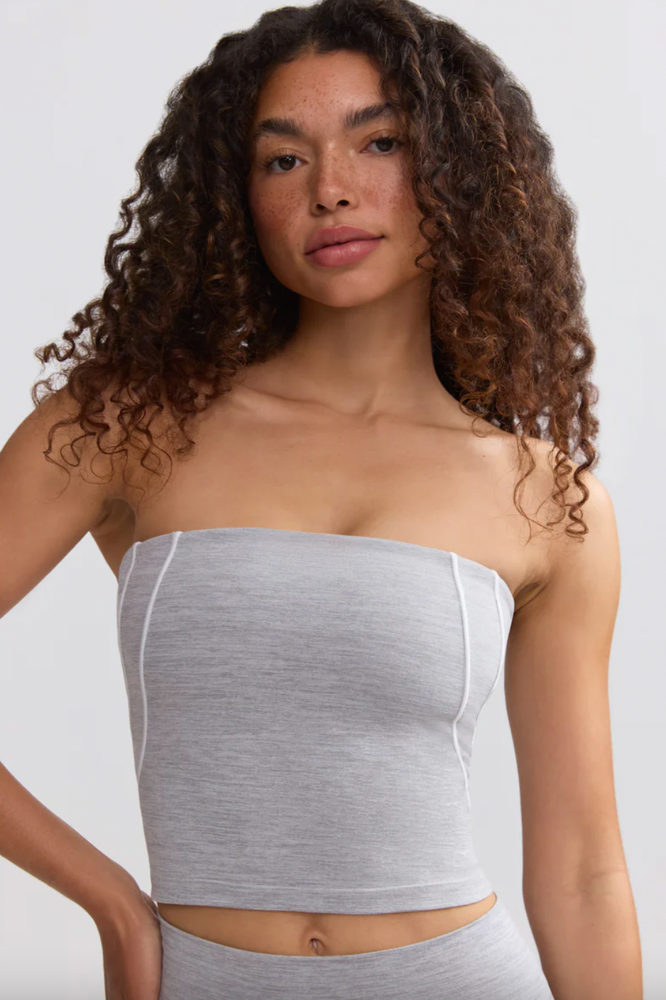 I Am Very Mindful Soft Active Contrast-Trim Bandeau Top in Gray PREORDER